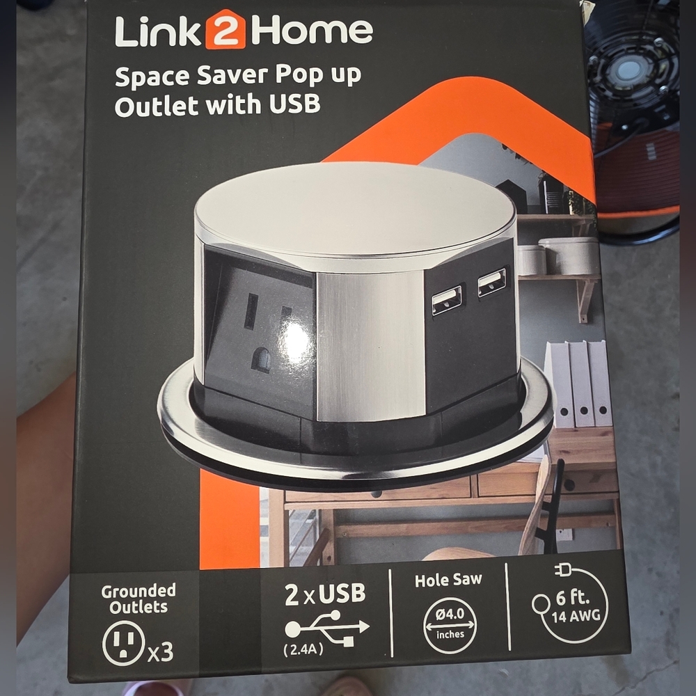 Link2Home Space Saver Pop Up Outlet with USB New